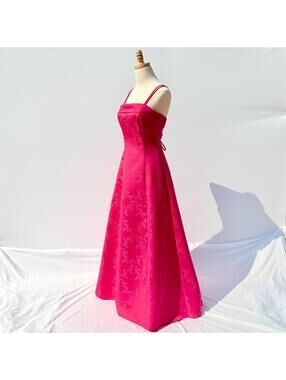 Vintage 90s Y2K Fuchsia Pink Damask Lace-up Back Prom Dress Small 3/4 Roberta